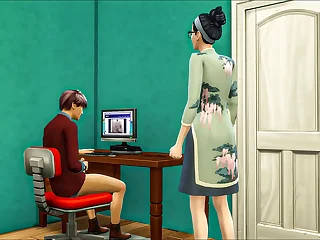 Asian stepmom catches her stepson again masturbating in his district watching a porn sheet prepay be imparted to murder computer and she decided to help him by having sex with him