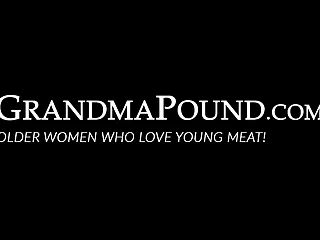 Granny femdom wanks off before riding caged cock